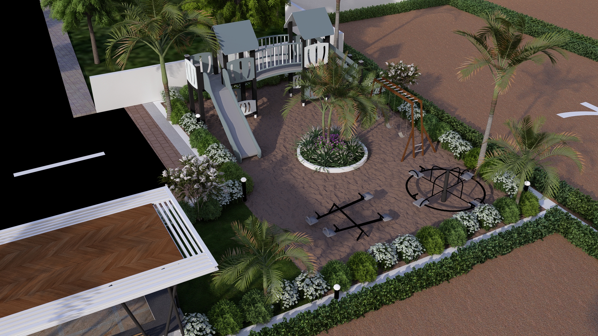 Landscaped garden with walking paths